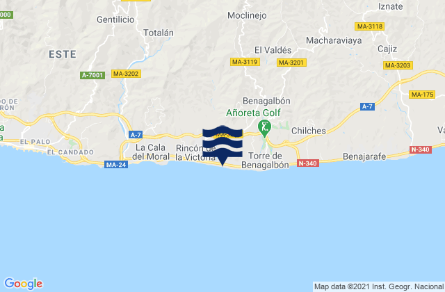 Mapa da tábua de marés em Moclinejo, Spain