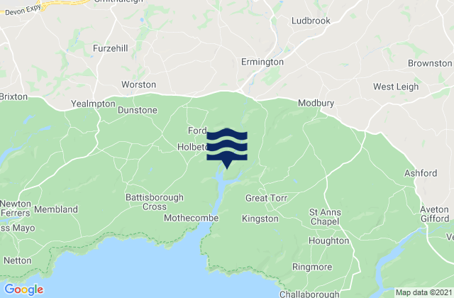 Mapa da tábua de marés em Modbury, United Kingdom