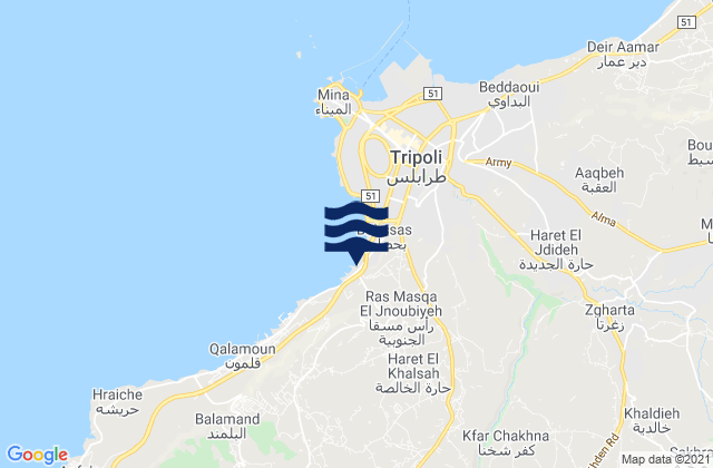 Mapa da tábua de marés em Mohafazat Liban-Nord, Lebanon
