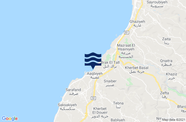 Mapa da tábua de marés em Mohafazat Liban-Sud, Lebanon