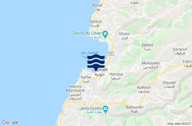 Mapa da tábua de marés em Mohafazat Mont-Liban, Lebanon