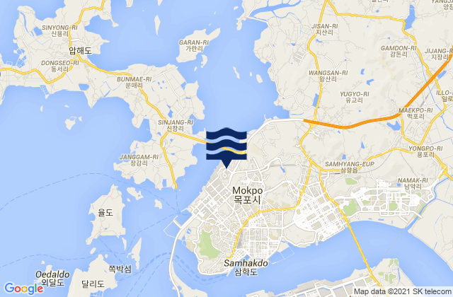 Mapa da tábua de marés em Mokpo, South Korea