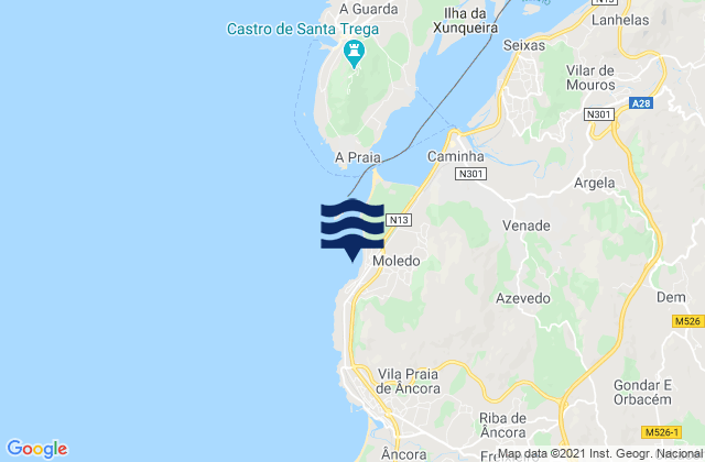 Mapa da tábua de marés em Moledo, Portugal