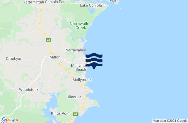 Mapa da tábua de marés em Mollymook Beach, Australia