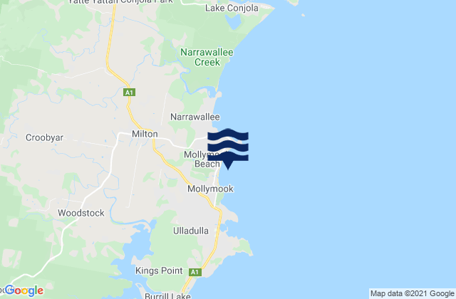 Mapa da tábua de marés em MollymookBeach, Australia