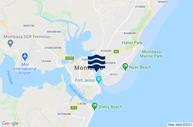 Mapa da tábua de marés em Mombasa, Kenya