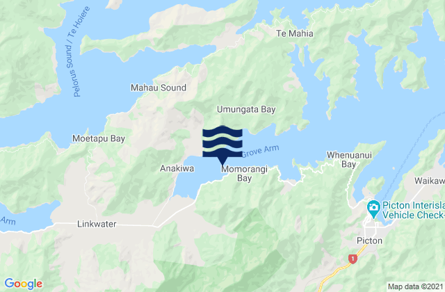 Mapa da tábua de marés em Momorangi Bay, New Zealand