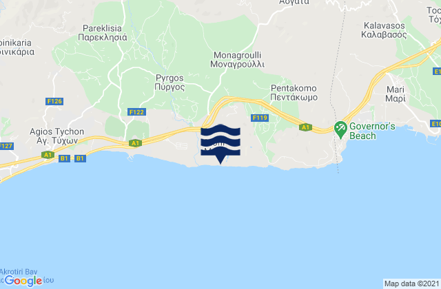 Mapa da tábua de marés em Monagroúlli, Cyprus