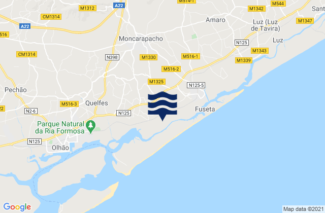 Mapa da tábua de marés em Moncarapacho, Portugal