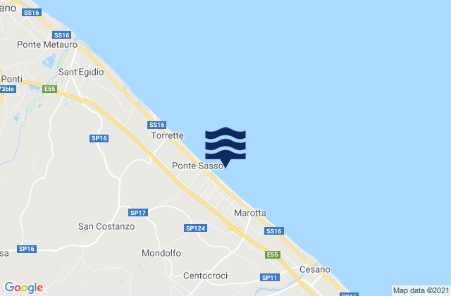 Mapa da tábua de marés em Mondolfo, Italy