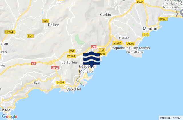 Mapa da tábua de marés em Monte-Carlo, Monaco