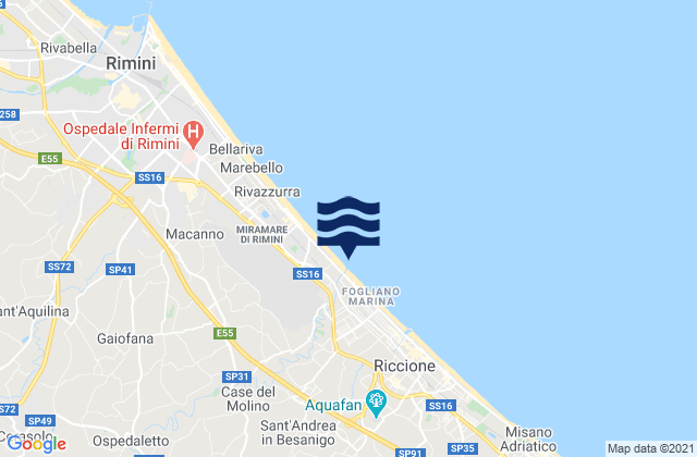 Mapa da tábua de marés em Monte Colombo, Italy