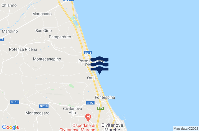 Mapa da tábua de marés em Montecosaro, Italy
