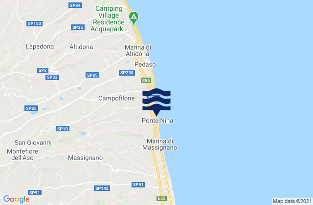 Mapa da tábua de marés em Montefiore dell'Aso, Italy