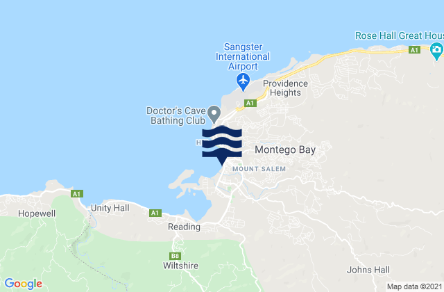Mapa da tábua de marés em Montego Bay, Jamaica