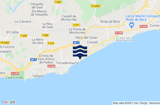 Mapa da tábua de marés em Montferri, Spain