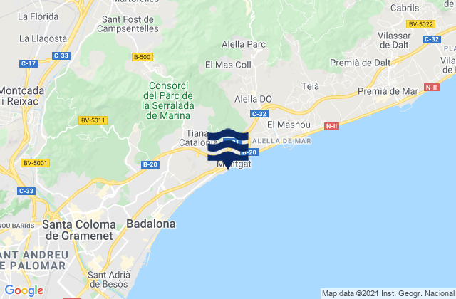 Mapa da tábua de marés em Montgat, Spain