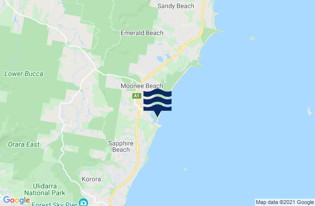 Mapa da tábua de marés em Moonee Beach, Australia