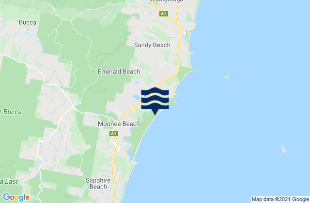 Mapa da tábua de marés em Moonee Beach and Creek, Australia