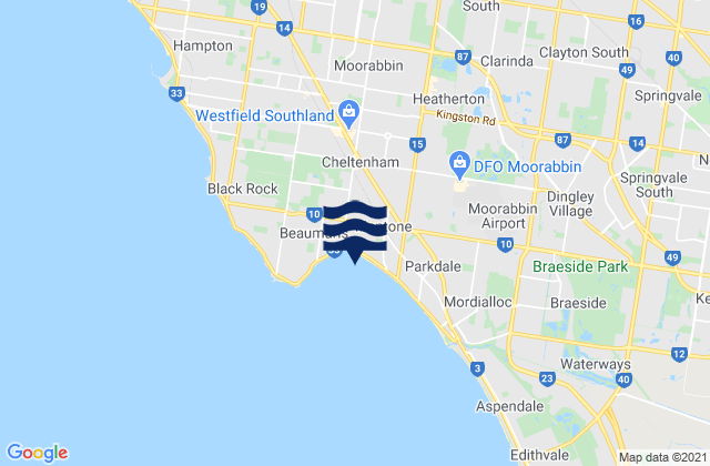 Mapa da tábua de marés em Moorabbin, Australia