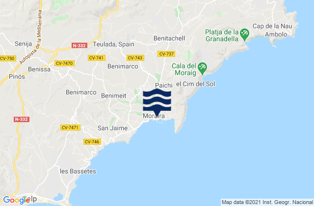 Mapa da tábua de marés em Moraira, Spain