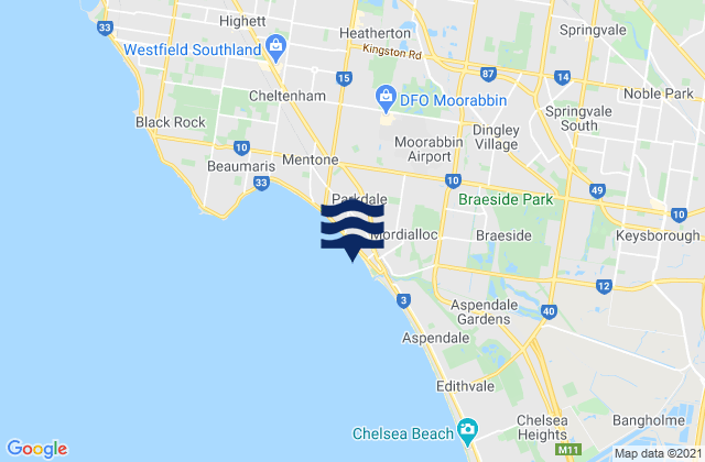 Mapa da tábua de marés em Mordialloc, Australia
