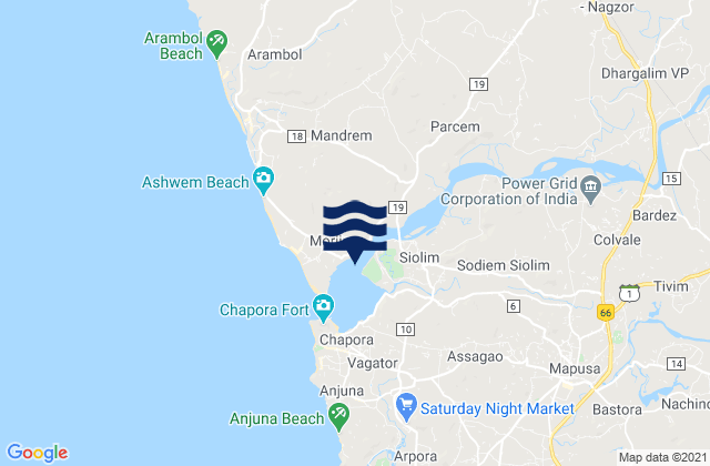 Mapa da tábua de marés em Morjim, India