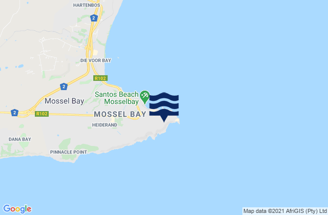 Mapa da tábua de marés em Mossel Bay, South Africa