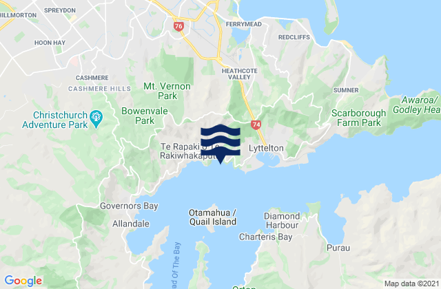 Mapa da tábua de marés em Motukauatirahi/Cass Bay, New Zealand