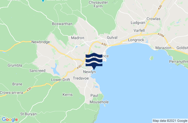 Mapa da tábua de marés em Mounts Bay (Penzance), United Kingdom