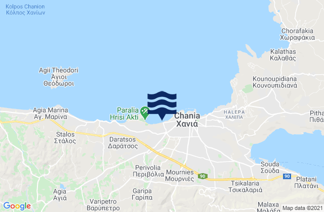 Mapa da tábua de marés em Mourniés, Greece