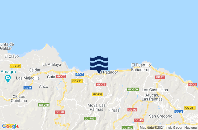 Mapa da tábua de marés em Moya, Spain