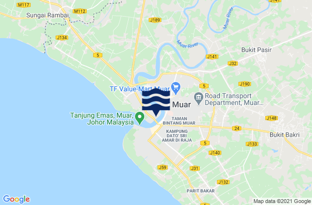 Mapa da tábua de marés em Muar, Malaysia