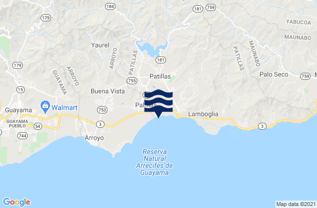 Mapa da tábua de marés em Mulas Barrio, Puerto Rico
