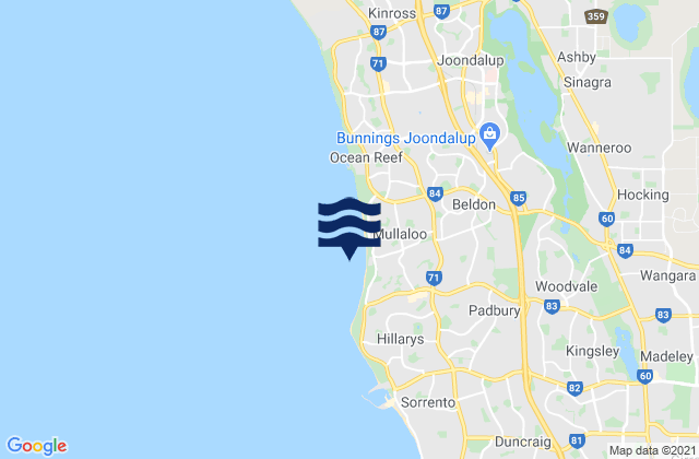 Mapa da tábua de marés em Mullaloo Beach, Australia