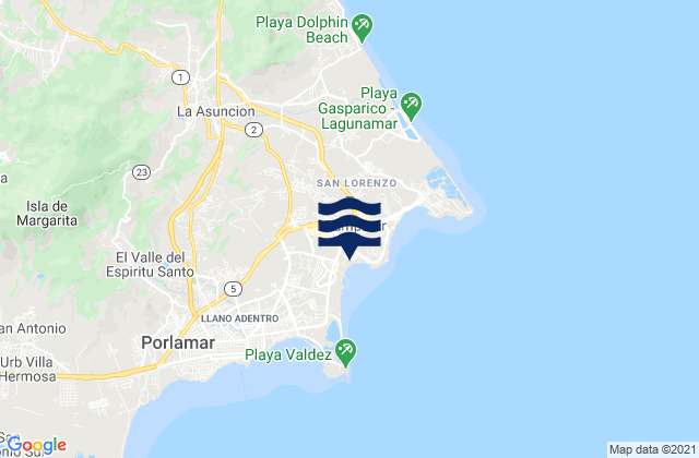 Mapa da tábua de marés em Municipio Maneiro, Venezuela