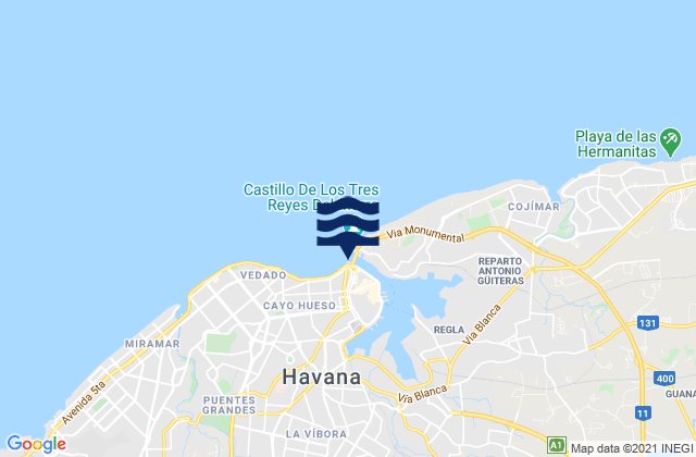 Mapa da tábua de marés em Municipio de Regla, Cuba
