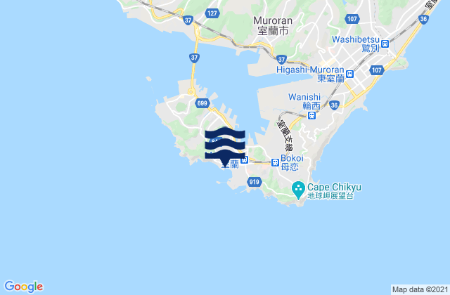 Mapa da tábua de marés em Muroran Ko, Japan