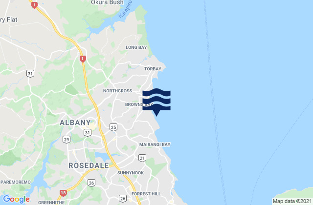 Mapa da tábua de marés em Murrays Bay, New Zealand