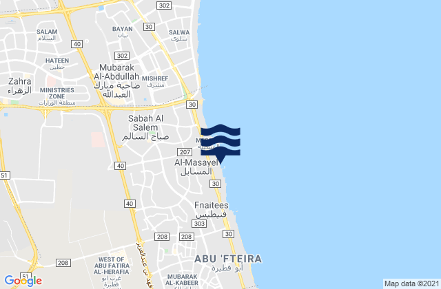 Mapa da tábua de marés em Muḩāfaz̧at Mubārak al Kabīr, Kuwait
