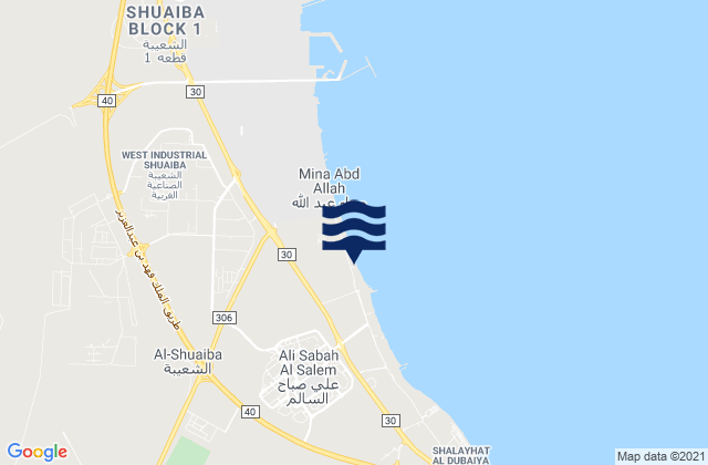 Mapa da tábua de marés em Muḩāfaz̧at al Aḩmadī, Kuwait