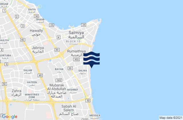 Mapa da tábua de marés em Muḩāfaz̧at Ḩawallī, Kuwait