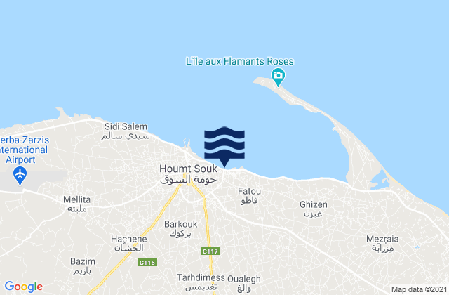 Mapa da tábua de marés em Mu‘tamadīyat Ḩawmat as Sūq, Tunisia