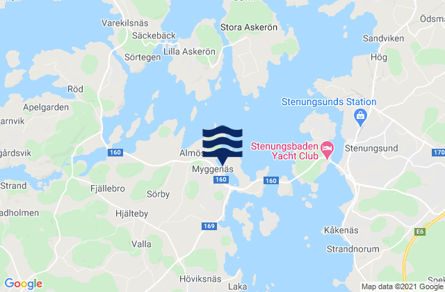 Mapa da tábua de marés em Myggenäs, Sweden