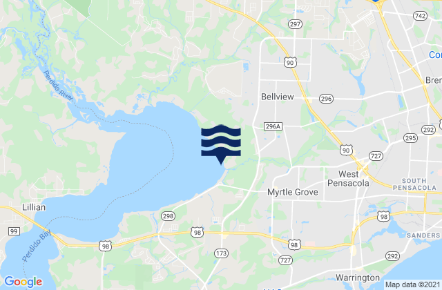 Mapa da tábua de marés em Myrtle Grove, United States