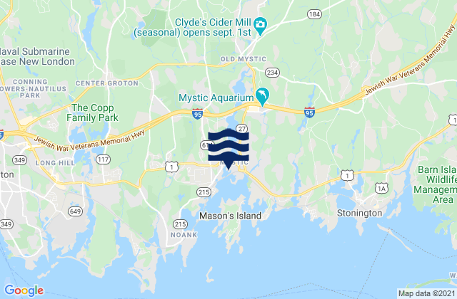 Mapa da tábua de marés em Mystic, United States