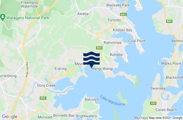 Mapa da tábua de marés em Myuna Bay, Australia