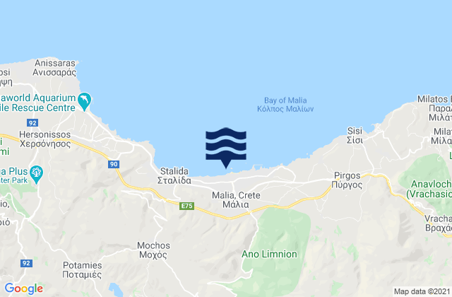 Mapa da tábua de marés em Mália, Greece