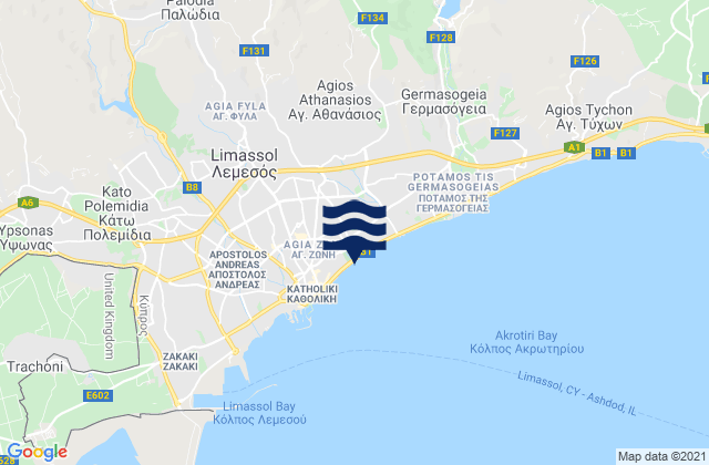 Mapa da tábua de marés em Mésa Geitoniá, Cyprus