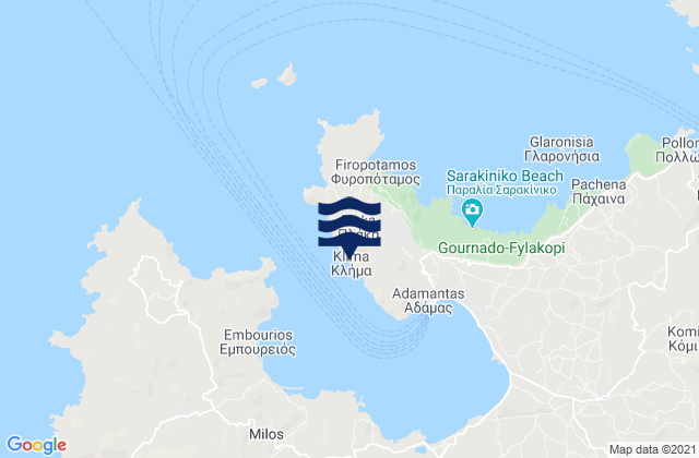 Mapa da tábua de marés em Mílos, Greece